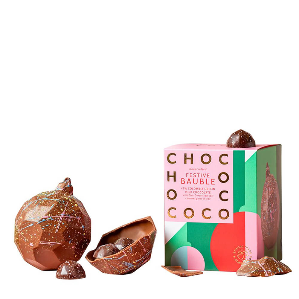 Chococo 47% Colombian Milk Chocolate Bauble filled with Salted Caramel Gems